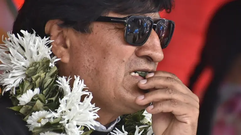 Evo Morales, degustando una hoja de coca./ DICO SOL&Iacute;S