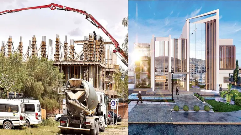 La obra gruesa de la Unidad de Radioterapia (izquierda) y la proyección de la infraestructura final./ DICO SOLÍS-AISEM