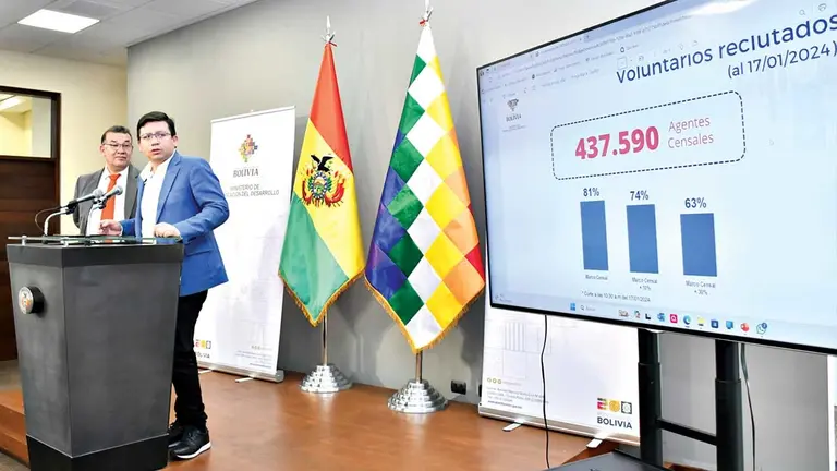 El ministro Sergio Cusicanqui (d) anuncia los nuevos incentivos para los censistas voluntarios./ APG