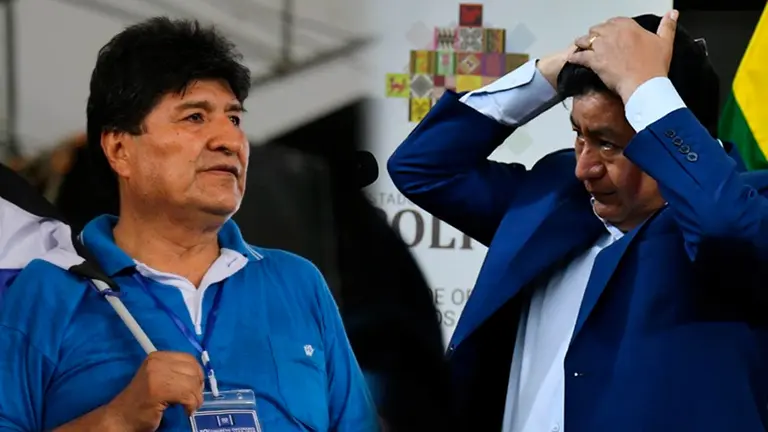 El expresidente Evo Morales junto a una fotograf&iacute;a del ministro de Obras, &Eacute;dgar Monta&ntilde;o. COMPOSICI&Oacute;N OPINI&Oacute;N