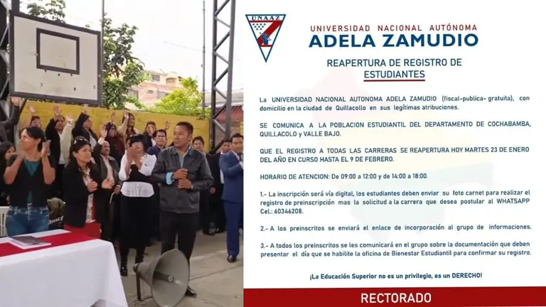 Comunicado de la UNAAZ (d) y presentaci&oacute;n de docentes (i). COMPOSICI&Oacute;N OPINI&Oacute;N