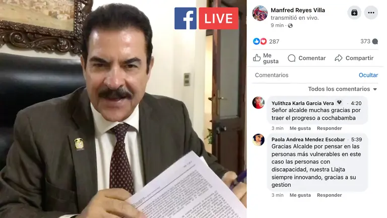 Manfred Reyes Villa, en su estreno en vivo, en redes sociales, interactuando con sus seguidores. COMPOSICI&Oacute;N OPINI&Oacute;N