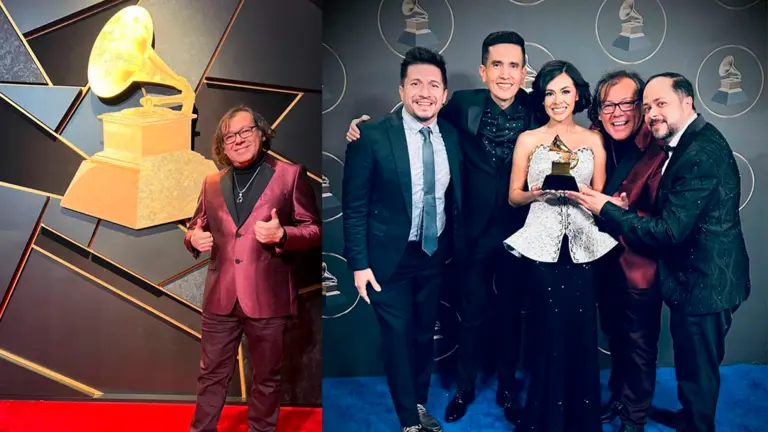 Vladimir Su&aacute;rez: A la izquierda, en la alfombra roja antes de la ceremonia de premiaci&oacute;n y a la derecha junto a su equipo tras obtener el Premio Grammy. Fotograf&iacute;a: RRSS del artista.