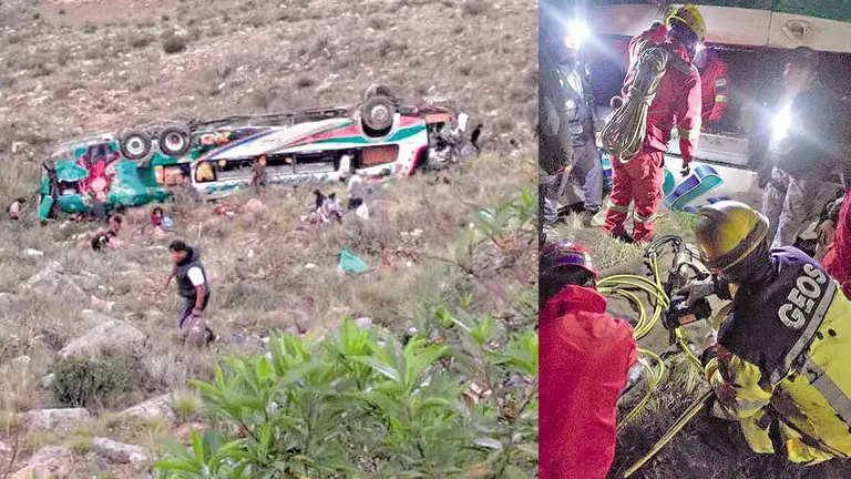 Bus de Trans Illimani se embarranca en Kewiña Kasa, Cochabamba (i). Bomberos y voluntarios rescatan a heridos y fallecidos (d)./ CORTESÍA