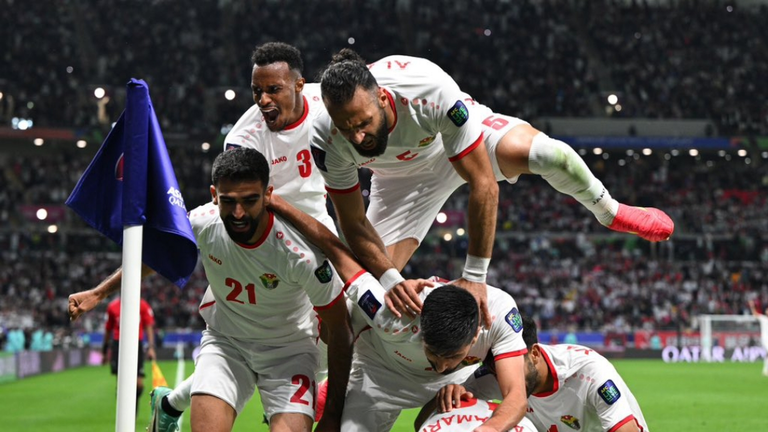 El seleccionado de Jordania celebrando un gol contra Corea del Sur en la Copa Asia 2024./ RRSS.
