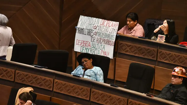 Algunos parlamentarios duermen durante la sesi&oacute;n en la Asamblea Legislativa Plurinacional para tratar el proyecto de ley en torno a la convocatoria con miras a las Judiciales. APG