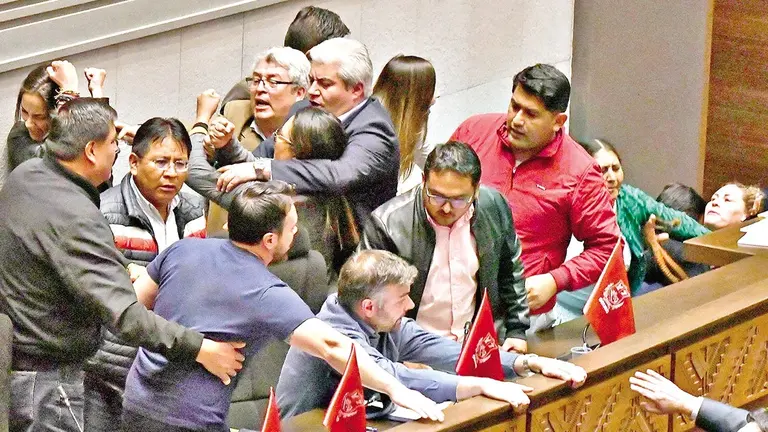 Asamble&iacute;stas del MAS y de la oposici&oacute;n se enfrentaron el pasado jueves en la sesi&oacute;n./ APG