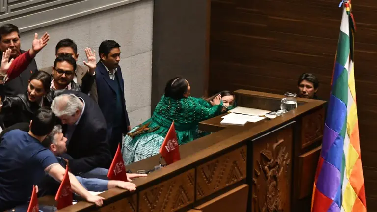 La diputada Mayra Zalles (CC), en el momento de la gresca con su par Gloria Callizaya. APG