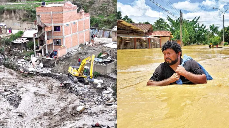 Palca, en La Paz, está en emergencia por las mazamorras (i). Barrios de Cobija, Pando, se encuentran bajo el agua por el desborde del río Acre (d)./ APG