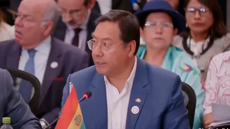 El presidente del Estado Luis Arce en su intervenci&oacute;n en la Celac. Lucho Arce