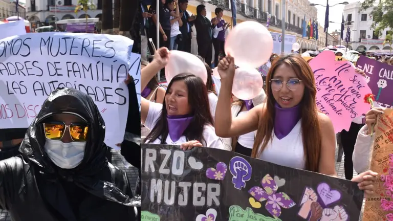 Masiva marcha por el D&iacute;a Internacional de la Mujer (d) y protesta protagonizada por trabajadoras sexuales de Cochabamba (i). NO&Eacute; PORTUGAL