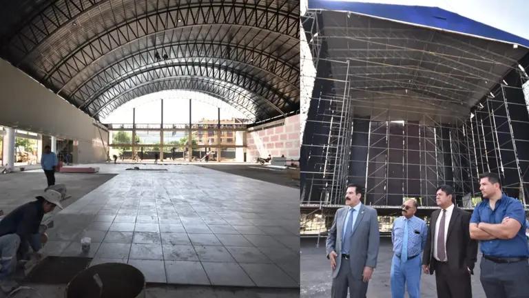 Alcalde  Manfred Reyes Villa y secretarios municipales (d) Inspeccionan la construcci&oacute;n del pabell&oacute;n Kanata de la FEXCO 2024. DICO SOL&Iacute;S