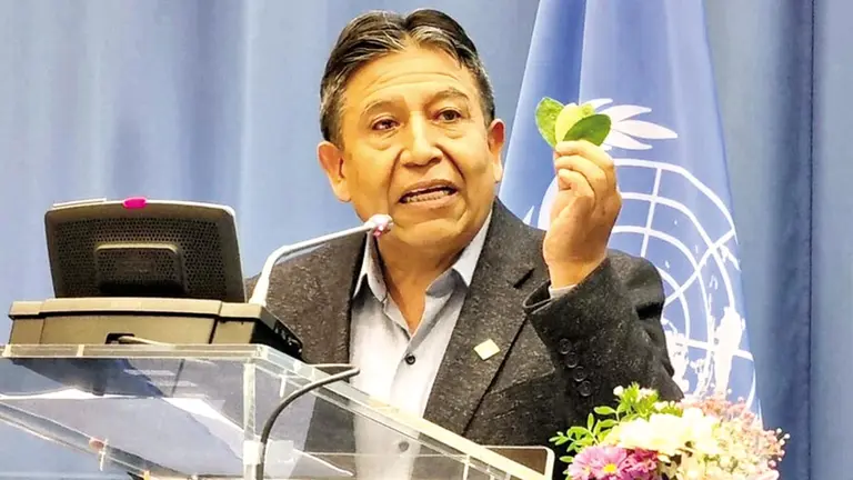 El vicepresidente David Choquehuanca muestra unas hojas de coca en Viena, Austria./ ABI