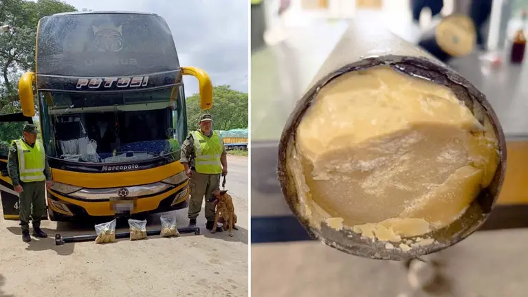 El bus interceptado y la lanza metálica que tenía la droga en medio./ GENDARMERIA ARGENTINA