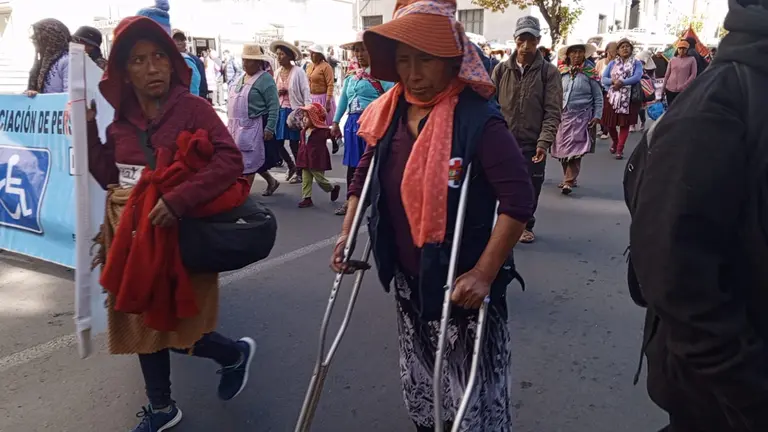 Una mujer con discapacidad, parte de la marcha en La Paz, en demanda de mejoras para el sector. ERBOL