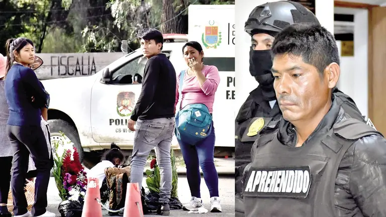 Familiares de Remigia en puertas del Instituto de Investigaciones Forenses (IDIF), en Cochabamba (i). Simeón Jiménez Quinto, feminicida sentenciado de Aurelia, es presentado en conferencia de prensa (d)./ DICO SOLÍS-NOÉ PORTUGAL
