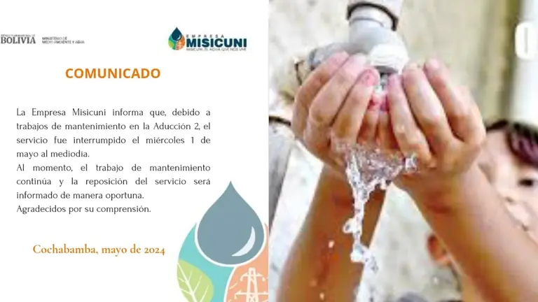 Comunicado de la empresa Misicuni, sobre los trabajos en la aducci&oacute;n II (i); a su lado, una ni&ntilde;a recibe agua de Semapa (d). COMPOSICI&Oacute;N OPINI&Oacute;N