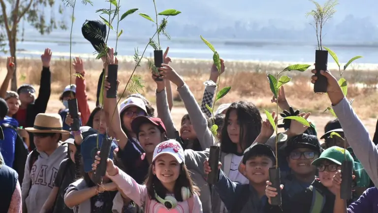 Estudiantes del colegio San Agust&iacute;n, durante la forestaci&oacute;n de la laguna Alalay. DICO SOL&Iacute;S