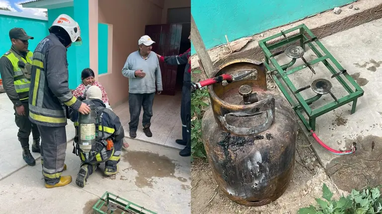 Las personas que resultaron heridas, producto de la fuga de gas (i); y, la garrafa que origin&oacute; el evento (d). SAR- BOLIVIA FILIAL COCHABAMBA