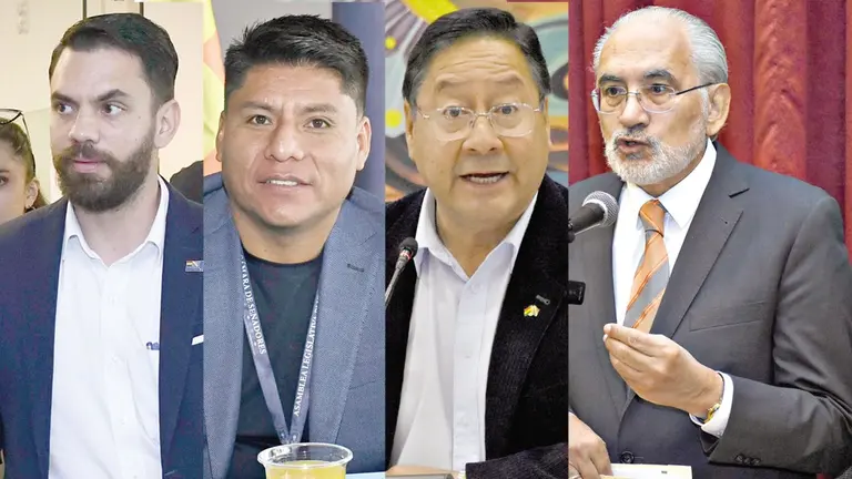 De izquierda a derecha, el ministro Eduardo del Castillo, el senador Leonardo Loza, el presidente Luis Arce y el líder de CC, Carlos Mesa.  / COMPOSICIÓN OPINIÓN