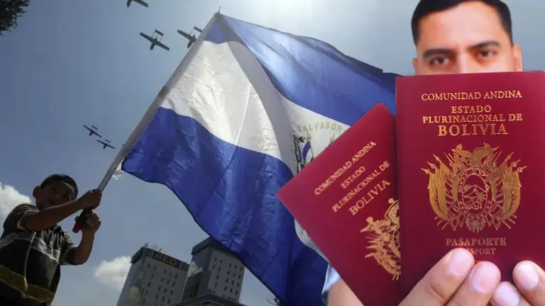 Una imagen de una bandera de El Salvador junto a pasaportes bolivianos. COMPOSICI&Oacute;N OPINI&Oacute;N
