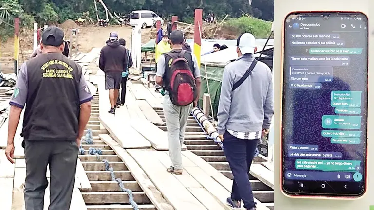 Polic&iacute;a realiza rastrillaje en b&uacute;squeda de Brayan Estrada en San Gabriel, en Villa Tunari (d). Captura de los mensajes que recibi&oacute; la 
expareja del joven presuntamente secuestrado (i)./ FELCC-CORTES&Iacute;A