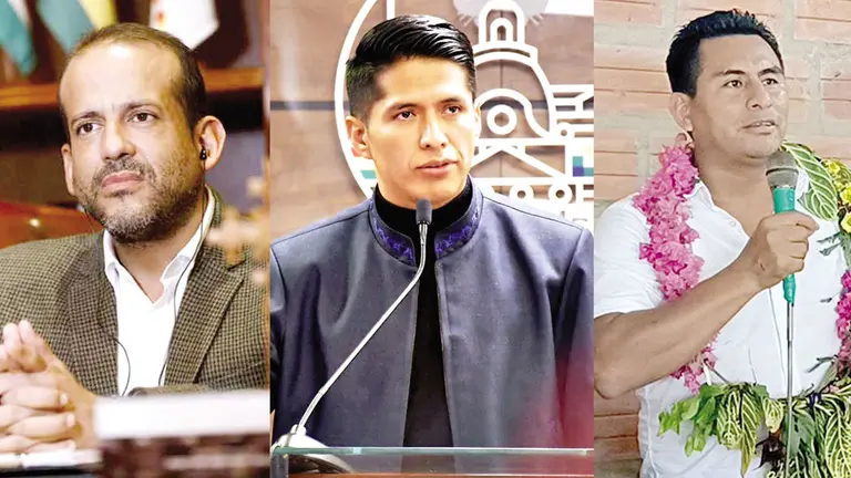 El gobernador Luis Fernando Camacho, el titular del Senado, Andrónico Rodríguez, y el diputado Gualberto Arispe./ COMPOSICIÓN OPINIÓN