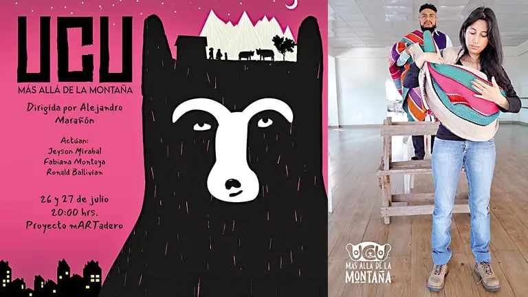 Afiche promocional de la obra de teatro (i). Ensayo de la obra &ldquo;Ucu&rdquo; (d)./ CORTES&Iacute;A