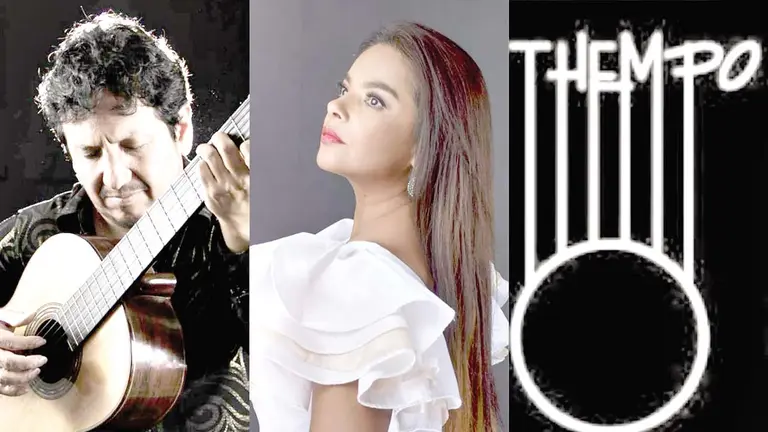 Los artistas Wilson Molina, Gu&iacute;sela Santa Cruz y el logo del grupo Thempo./ CORTES&Iacute;A