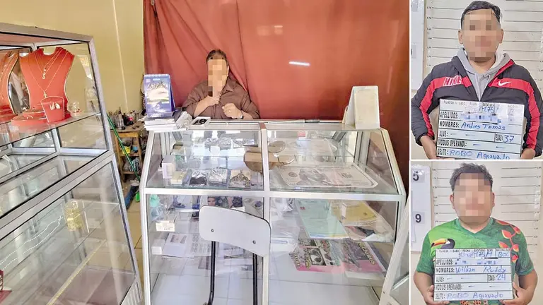 La joyer&iacute;a que fue robada en junio de este a&ntilde;o (i). Andr&eacute;s Tom&aacute;s S.T. y William Ruddy C.P., detenidos por el robo a una joyer&iacute;a de El Paso, en Quillacollo./ CORTES&Iacute;A-POLIC&Iacute;A