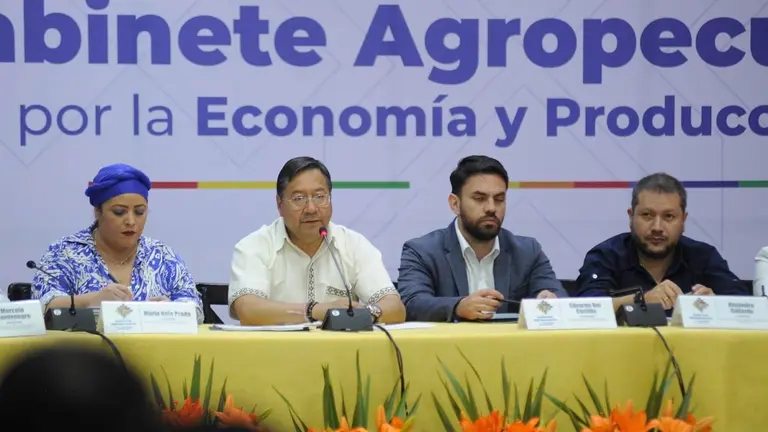 El presidente del Estado Luis Arce junto a ministros de Estado. APG