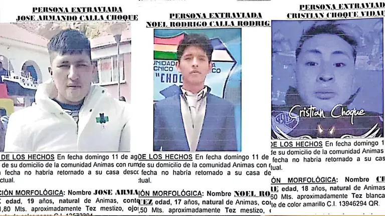 Los afiches que informaban sobre la desaparici&oacute;n de las tres v&iacute;ctimas./ URGENTE.BO