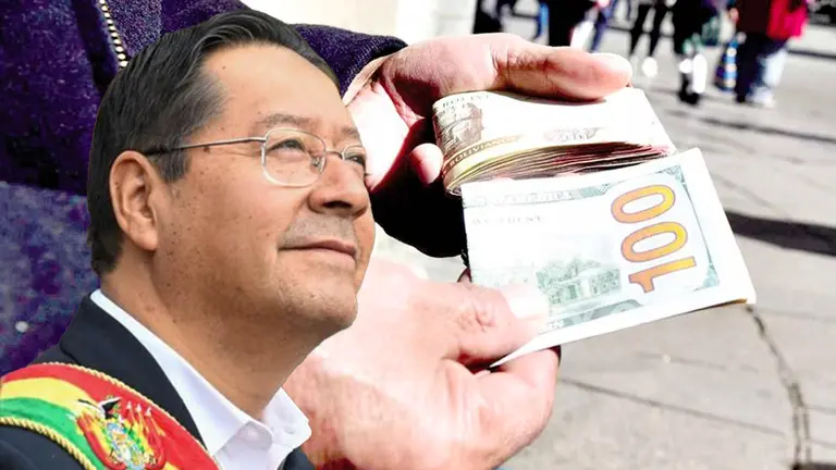El presidente Luis Arce y una imagen referencial a la compra de d&oacute;lares. COMPOSICI&Oacute;N OPINI&Oacute;N