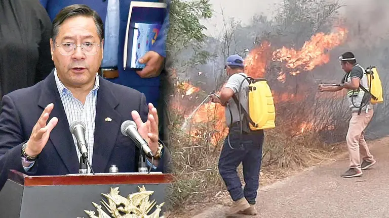 El presidente Luis Arce. Del otro lado, la situaci&oacute;n ca&oacute;tica del oriente, presa de los incendios./ APG-RRSS