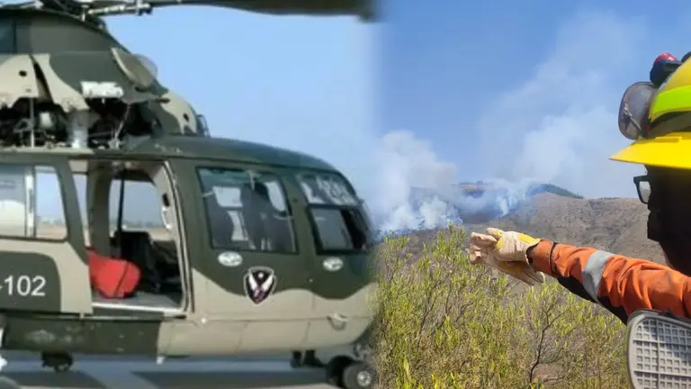 Helic&oacute;ptero Z9 ingresa a Epizana con el Bambi Bucket (i), donde bomberos voluntarios sofocan las llamas (d). SAR- BOLIVIA Y DEFENSA CIVIL