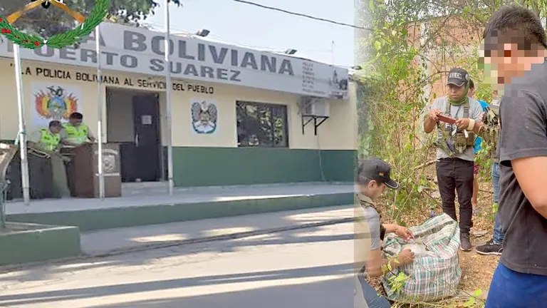 Frontis de la Polic&iacute;a de Puerto Su&aacute;rez, en Santa Cruz (i). Polic&iacute;a descubre paquetes de marihuana en un bols&oacute;n (d)./ POLIC&Iacute;A-FISCAL&Iacute;A