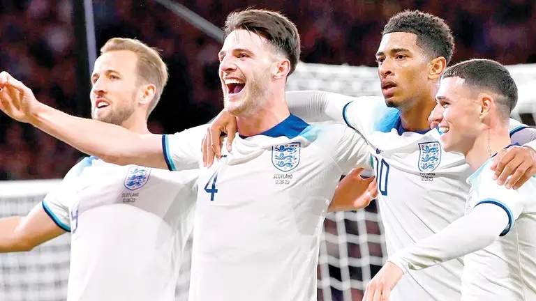 Kane (i), Rice (c), Bellingham (c) y Foden (i) festejan un gol en un duelo anterior./ GETTY IMAGES