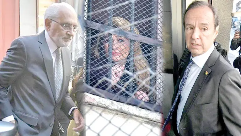A los costados, los testigos Carlos Mesa y Jorge Quiroga. Al medio, Jeanine &Aacute;&ntilde;ez, presa en Miraflores./ APG