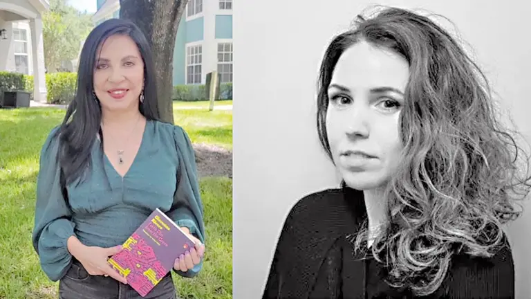 Giovanna Rivero (izquierda) junto a su obra e Isabel Adey./ CHARCO PRESS/THE SOCIETY OF AUTHORS