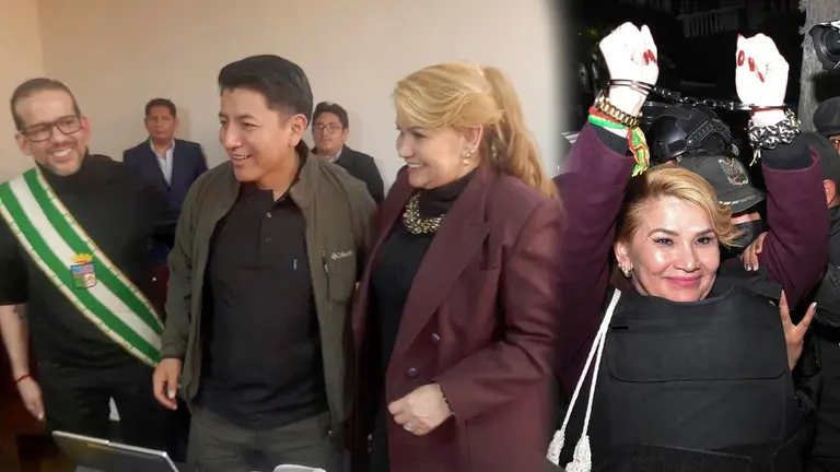 Del lado izquierdo, Luis Fernando Camacho, Marco Antonio Pumari y Jeanine &Aacute;&ntilde;ez, en la audiencia por el caso &ldquo;Golpe I&rdquo;. Del otro, Jeanine./ APG
