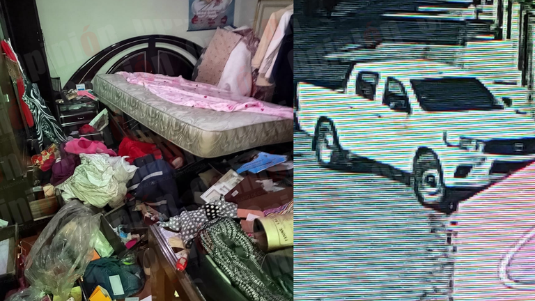 Fotograf&iacute;a de uno de los ambientes de la casa y la imagen de la camioneta en la que huyeron los delincuentes.  OPINI&Oacute;N