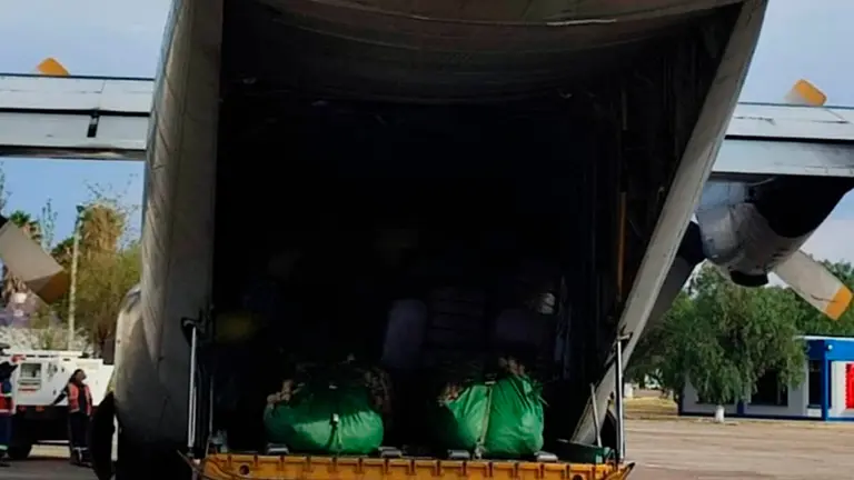Un avi&oacute;n de la Fuerza A&eacute;rea con productos alimenticios. Captura