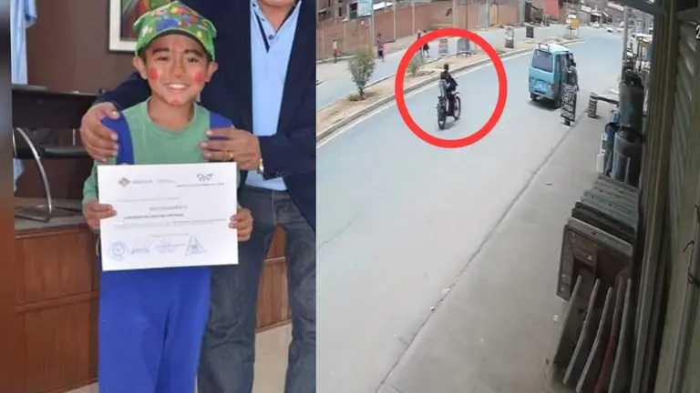 El niño Juan Marcos, a la izquierda, y captura de la cámara de vigilancia que captó al motociclista que lo atropelló, a la derecha, en la zona de El Abra, en Sacaba. / CORTESÍA