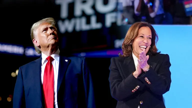 Donal Trump y Kamala Harris. Comp OPINI&Oacute;N
