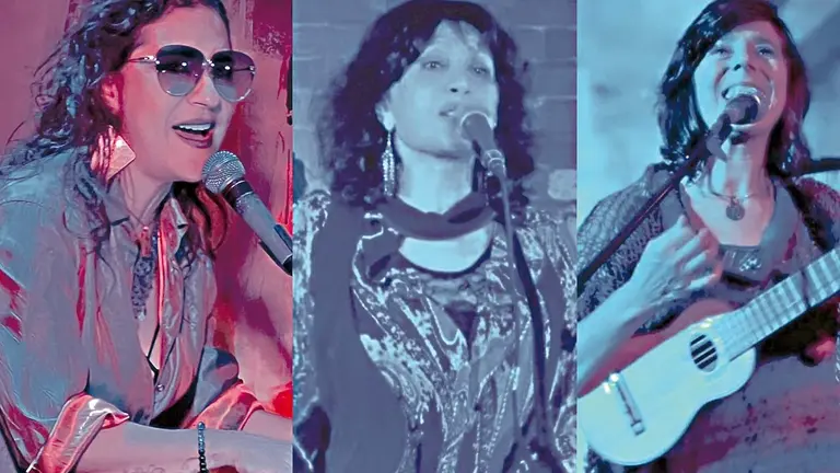 De izquierda a derecha, las artistas Giovanna Antezana, Estela Rivera y Analia Abat./ RRSS, DELPI BAND