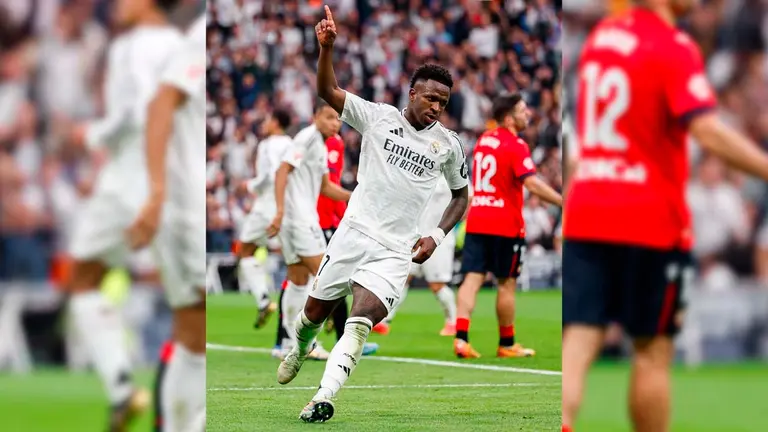 Vinicius festeja uno de sus tres goles en el estadio Santiago Bernab&eacute;u. REAL MADRID C.F.