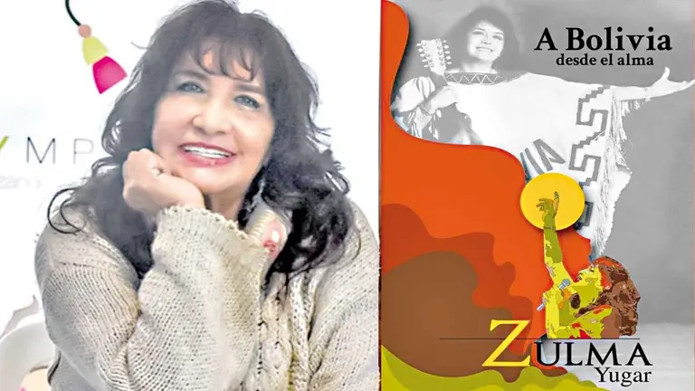 La cantautora boliviana Zulma Yugar junto a la portada de su libro &lsquo;A Bolivia desde el Alma&rsquo;./ ARCHIVO