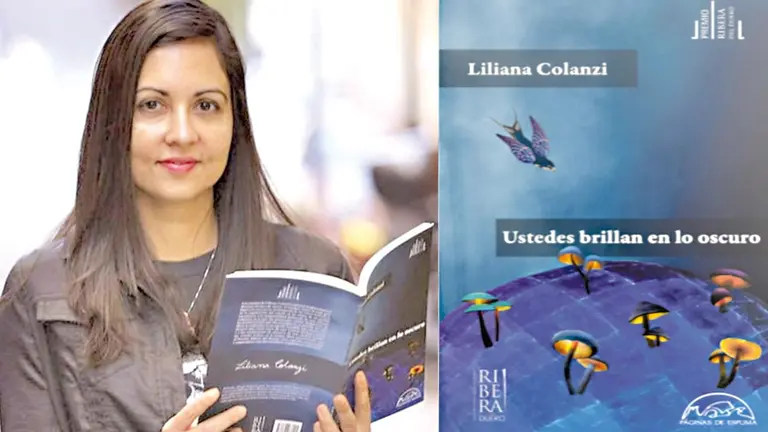 La escritora Liliana Colanzi junto a la portada de su libro &lsquo;Ustedes brillan en lo oscuro&rsquo;./ ARCHIVO