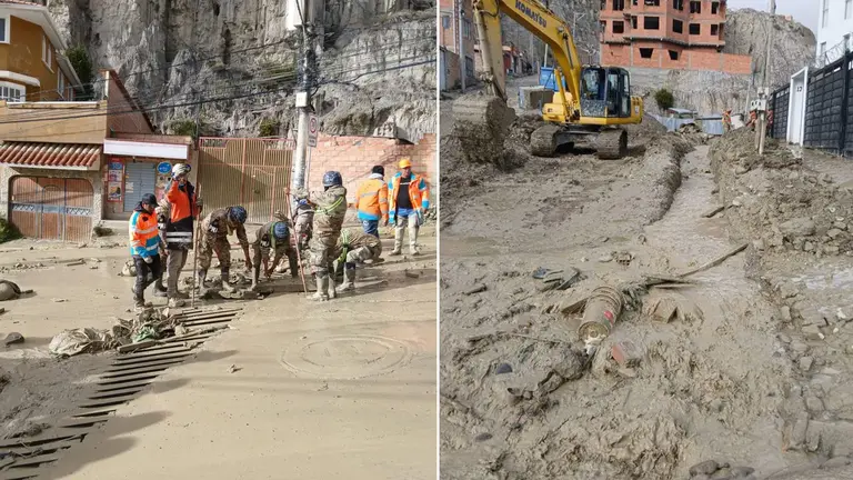 Actividades de limpieza de la mazamorra y escombros en Bajo Llojeta, en La Paz. AMUN