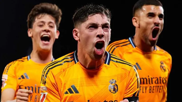 Federico Valverde festeja su gol con el Real Madrid. ESPN FANS.